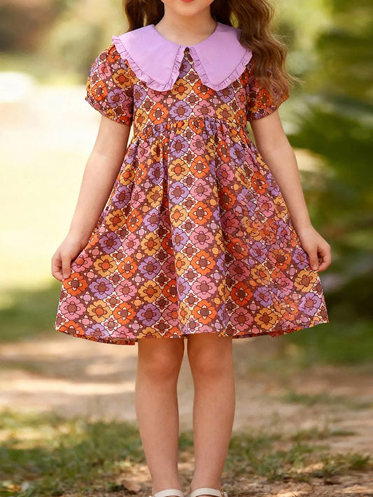 Trendy Kids Apparel US Kids Clothing Children's Floral Print Peter Pan Collar Dress