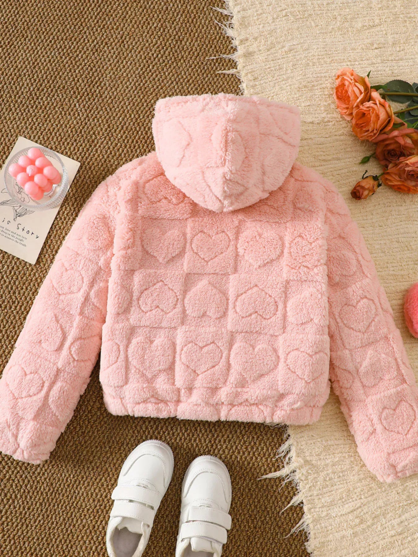 Trendy Kids Apparel US Kids Clothing Children's Heart Pattern Fuzzy Hooded Outerwear