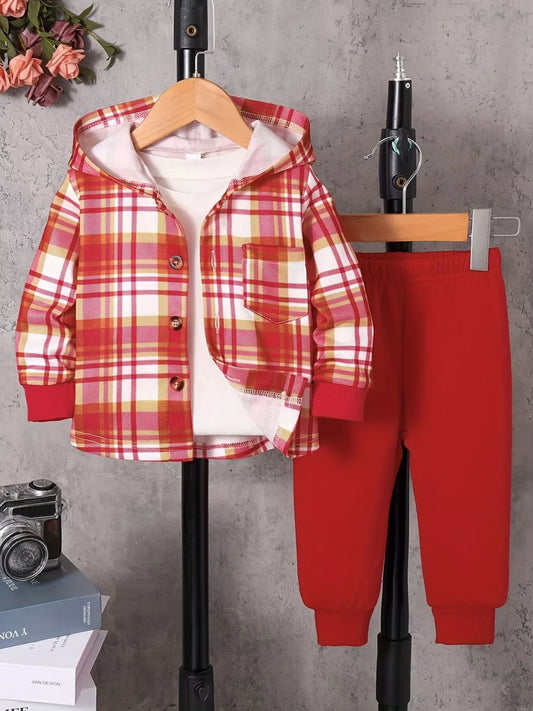 Trendy Kids Apparel US Kids Clothing Children's Plaid Button Up Hooded Top & Pants Set