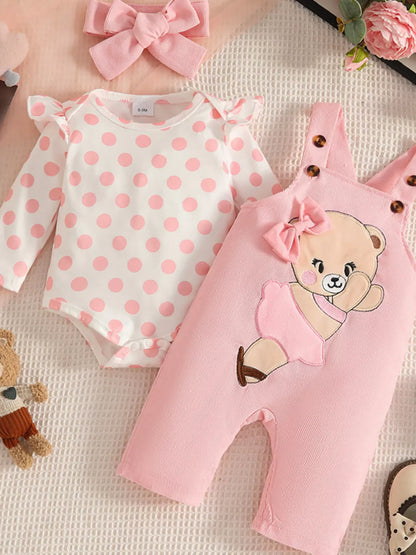 Trendy Kids Apparel US Kids Clothing Children's Polka Dot Top and Overalls Set with Headband