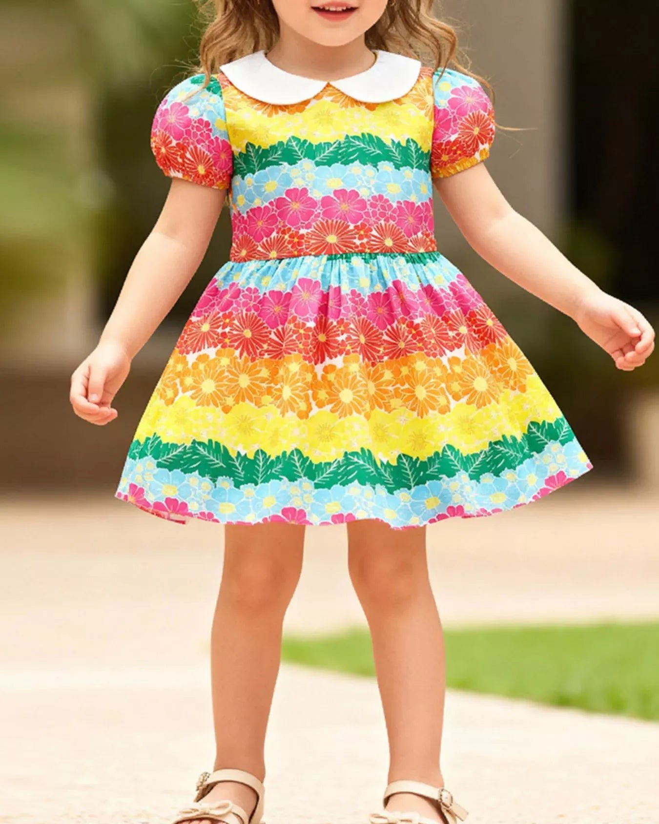 Trendy Kids Apparel US Kids Clothing Children's Rainbow Floral Print Peter Pan Collar Dress