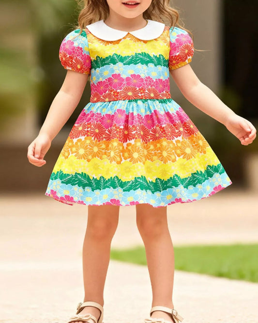 Trendy Kids Apparel US Kids Clothing Children's Rainbow Floral Print Peter Pan Collar Dress