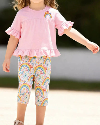 Trendy Kids Apparel US Kids Clothing Children's Rainbow Ruffle Sleeve Top & Capri Set
