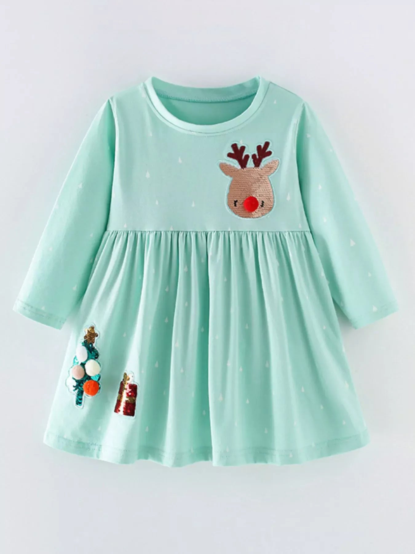 Trendy Kids Apparel US Kids Clothing Children's Reindeer & Christmas Tree Sequin Long Sleeve Dress