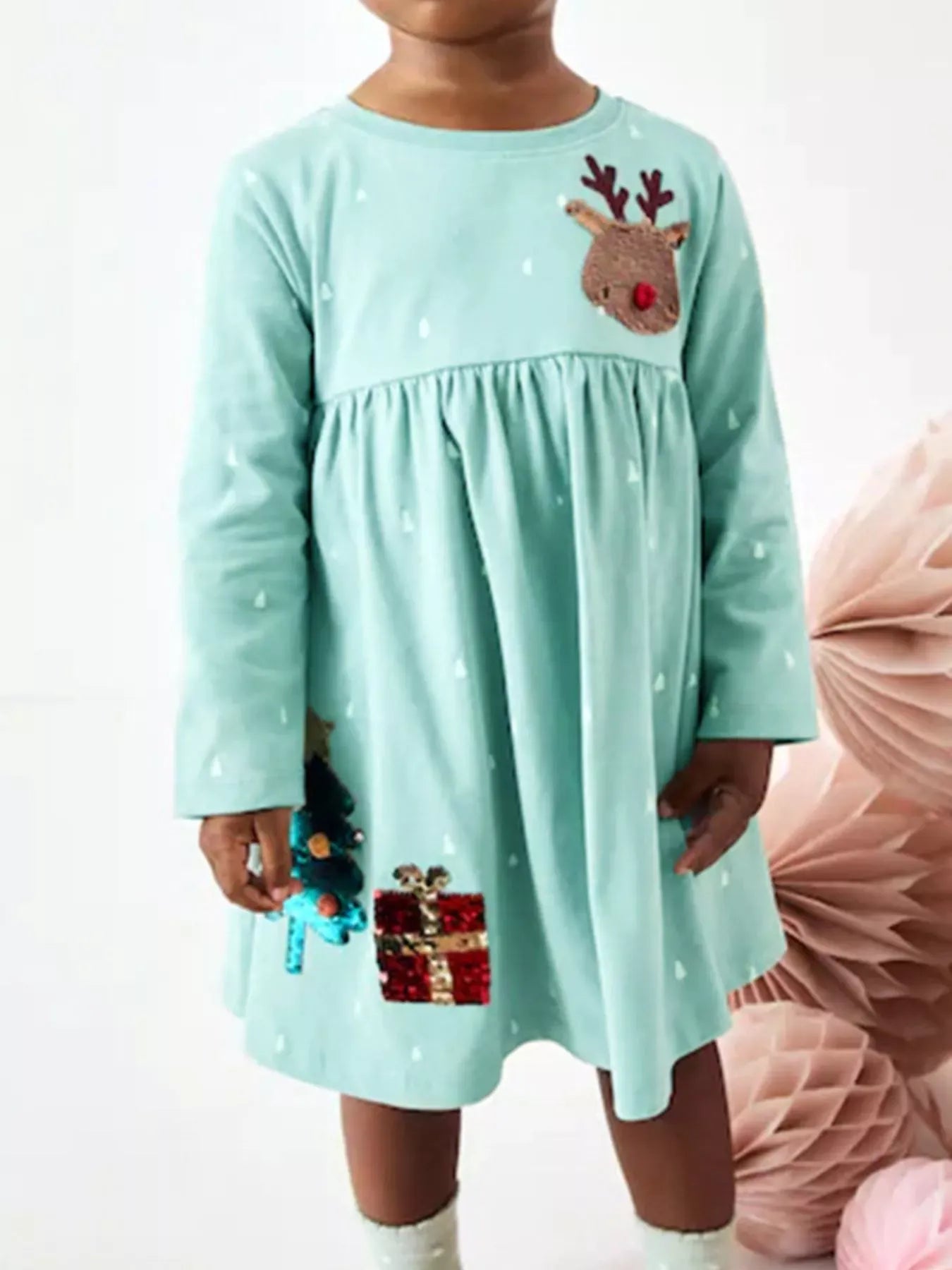 Trendy Kids Apparel US Kids Clothing Children's Reindeer & Christmas Tree Sequin Long Sleeve Dress