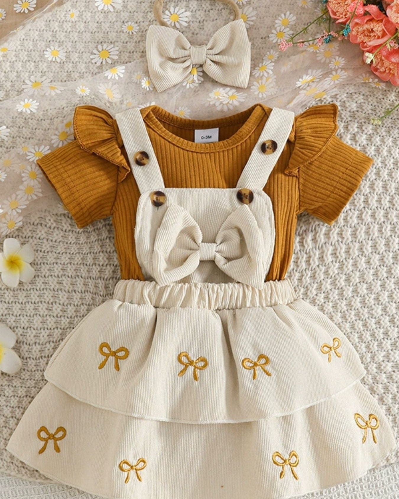 Trendy Kids Apparel US Kids Clothing Children's Ribbed Top & Bow Decor Suspender Dress & Headband Set