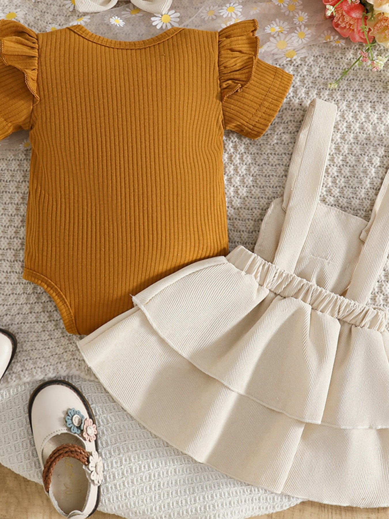 Trendy Kids Apparel US Kids Clothing Children's Ribbed Top & Bow Decor Suspender Dress & Headband Set