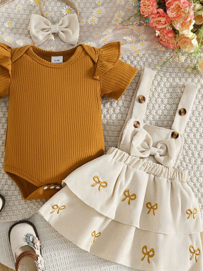 Trendy Kids Apparel US Kids Clothing Children's Ribbed Top & Bow Decor Suspender Dress & Headband Set