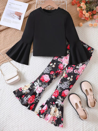 Trendy Kids Apparel US Kids Clothing Children's Solid Top & Floral Flare Pants Set